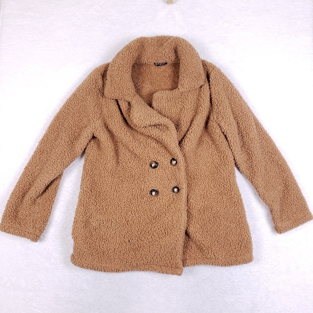 PRETTYGARDEN Teddy Coat XL Double Breasted Faux Fur Jacket Camel Brown Oversized